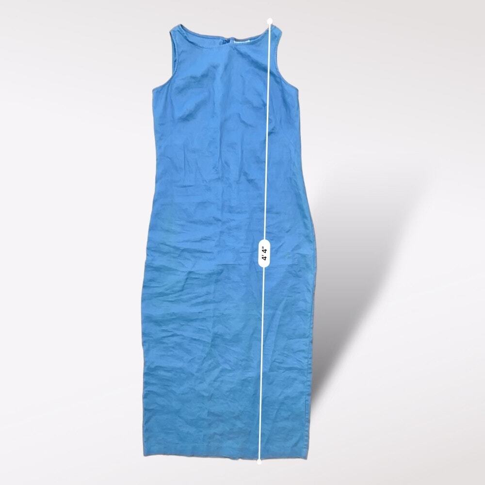 Casual Corner Blue‎ Linen Maxi Dress Size 6 Vintage Classic Coastal Boho Minimal - Picture 4 of 9